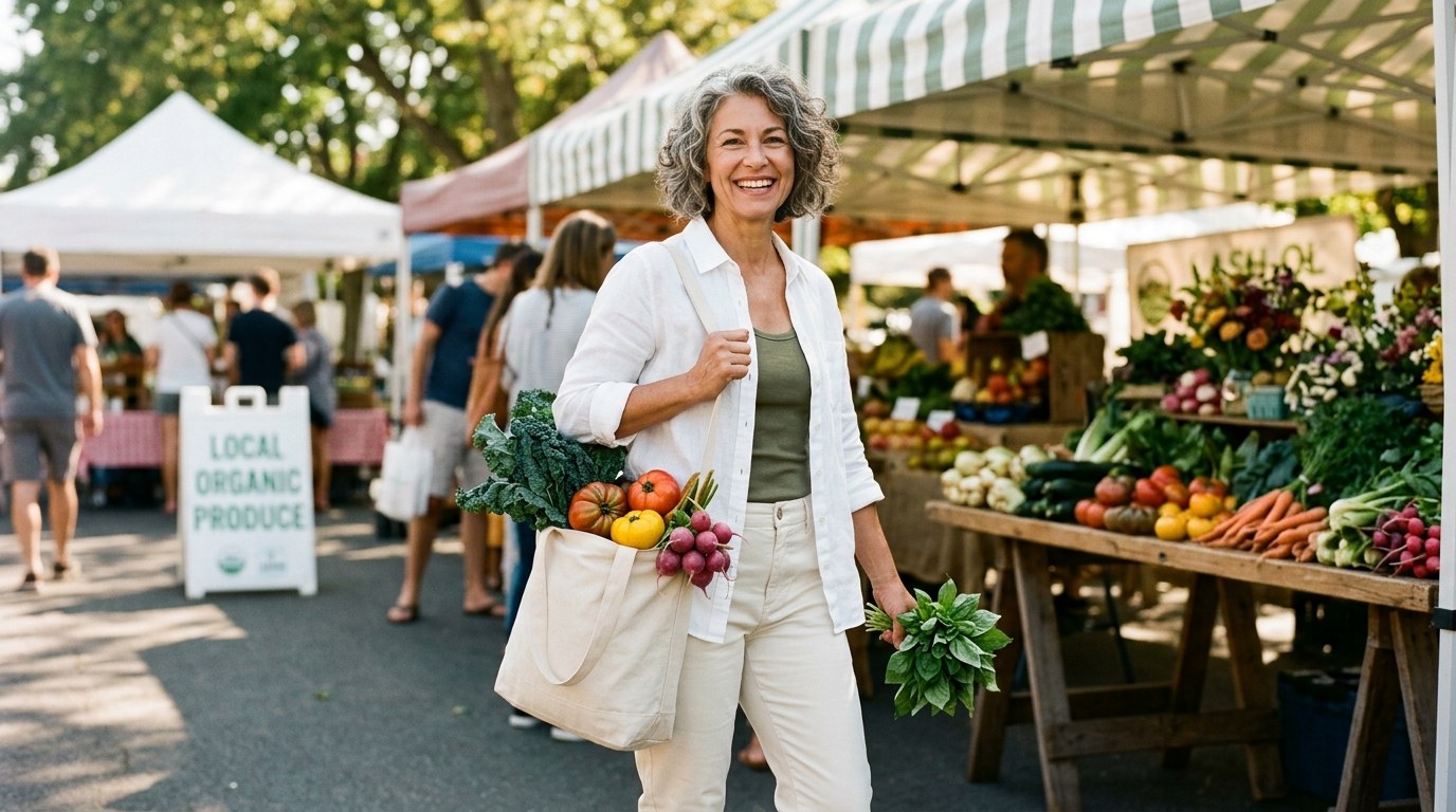 Active woman in her 50s at a farmers market with fresh produce